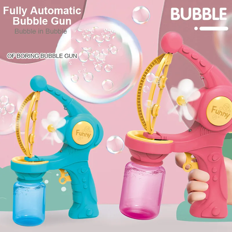 Juegos novedosos Big Bubble Gun Bubble In Bubble Niños Máquina automática de burbujas Ventilador de dibujos animados Máquina de burbujas Soplador Jabón Juguetes al aire libre Niños 230609