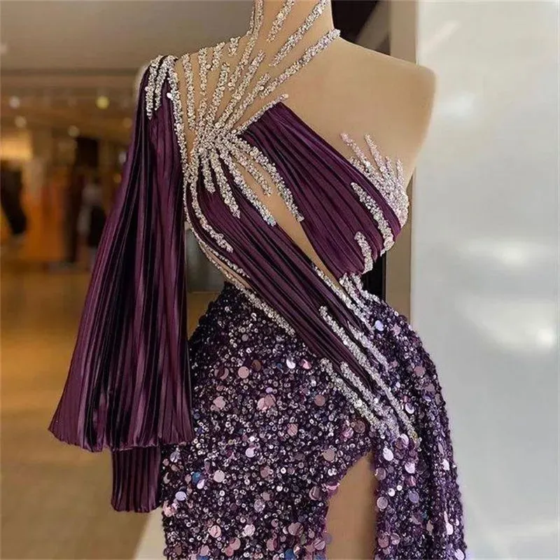 Purple Sparkly Prom Dresses Crystal Sequins Beaded Sheer Neck High Split Evening Dress Custom Made Formal Party Robe De Mariee