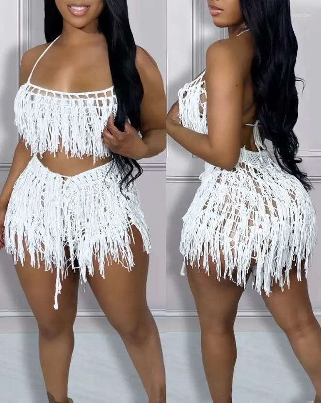 Women's Tracksuits 2023 Selling Sexy Women's Italian Noodle Strap Crochet Top And Tassel Design Shorts Set