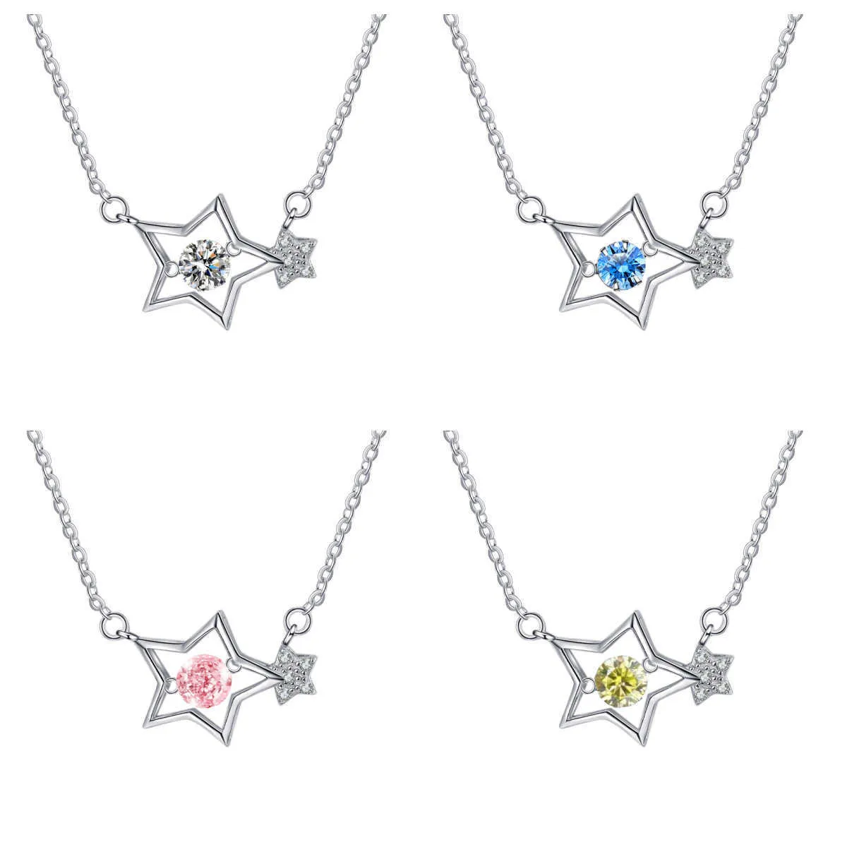 S925 Collane a ciondolo in argento sterling femminile Moissanite Colorful Gem Star Smart Collar Chaining Heart