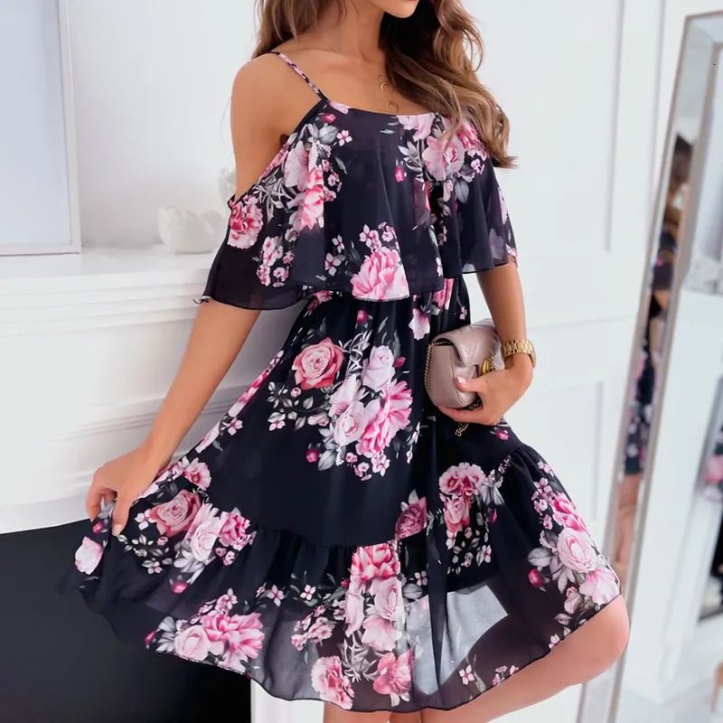 Grundläggande casual klänningar kvinna blommig tryck klänning sommar mode spaghetti rem av axel ärmlösa klänningar semester a-line mesh tyg vestidos 230608