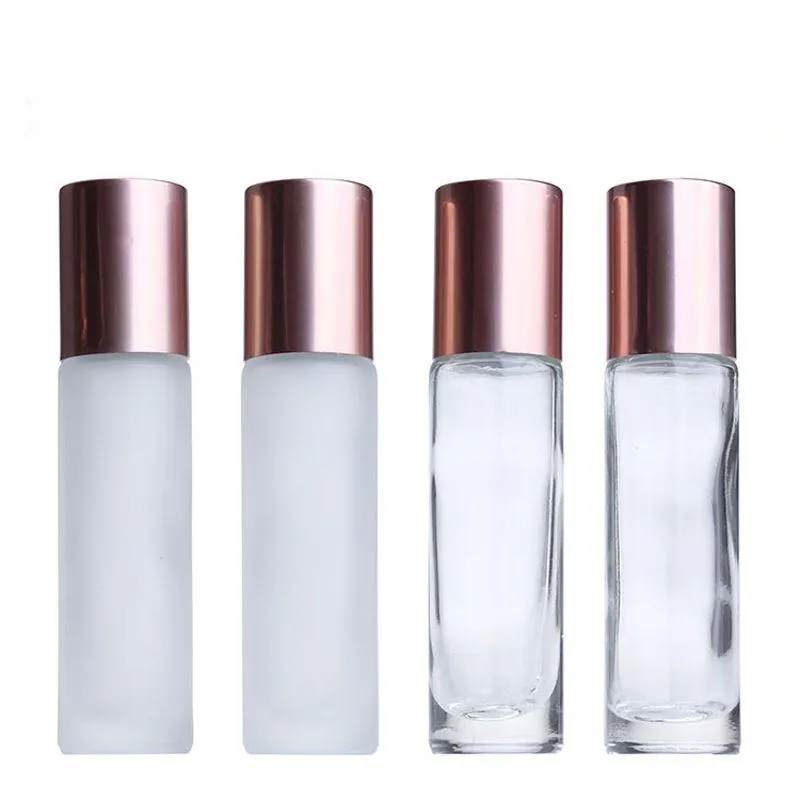 유리 병에 10ml 롤 두꺼운 맑은 서리가 달린 향수 롤러 병은 핑크 메탈 캡 CSUO로 리필 가능합니다.