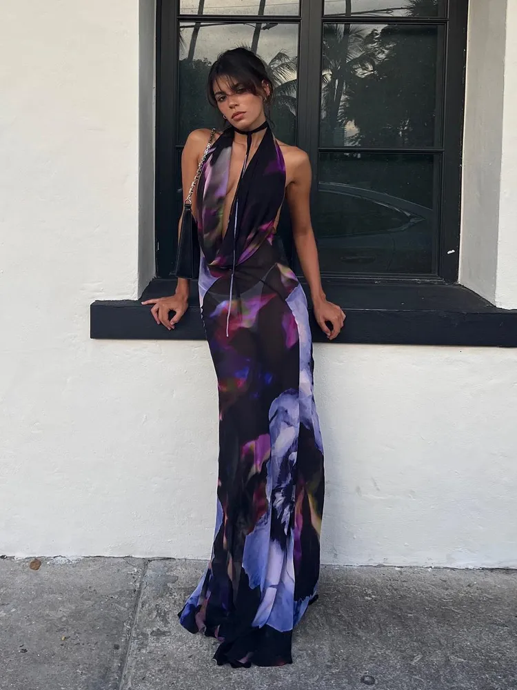 princess polly baby blue dress Basic Casual Dresses Backless Maxi Dress Women Sexy Purple Print Halter Bodycon Dress Summer Beach Outfits Elegant Sleeveless Club Party Dress 230608