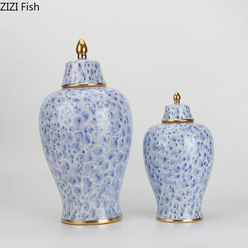 Bottiglie di stoccaggio Barattolo dipinto a bolle blu con coperchi Vasi in ceramica placcata oro Artigianato Disposizione dei fiori Barattoli di gioielli Contenitori cosmetici