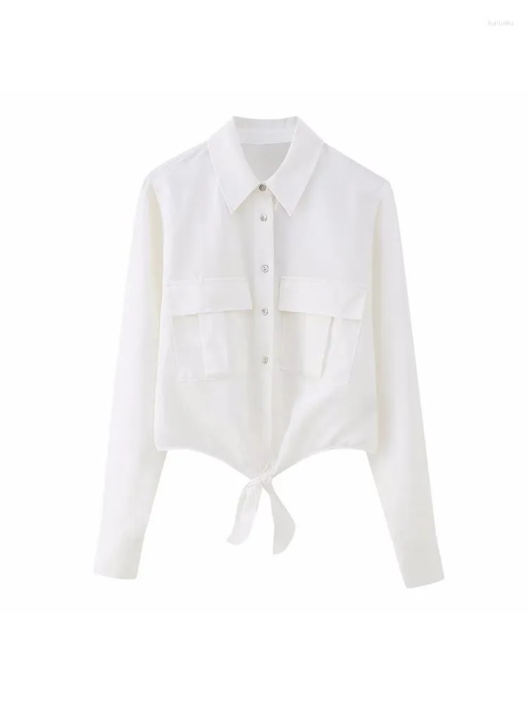 Women's Blouses Woman Elegant White Basic Long Sleeve Button Shirts 2023 Spring Female Casual Solid Lacing Ladies Chic Pocket