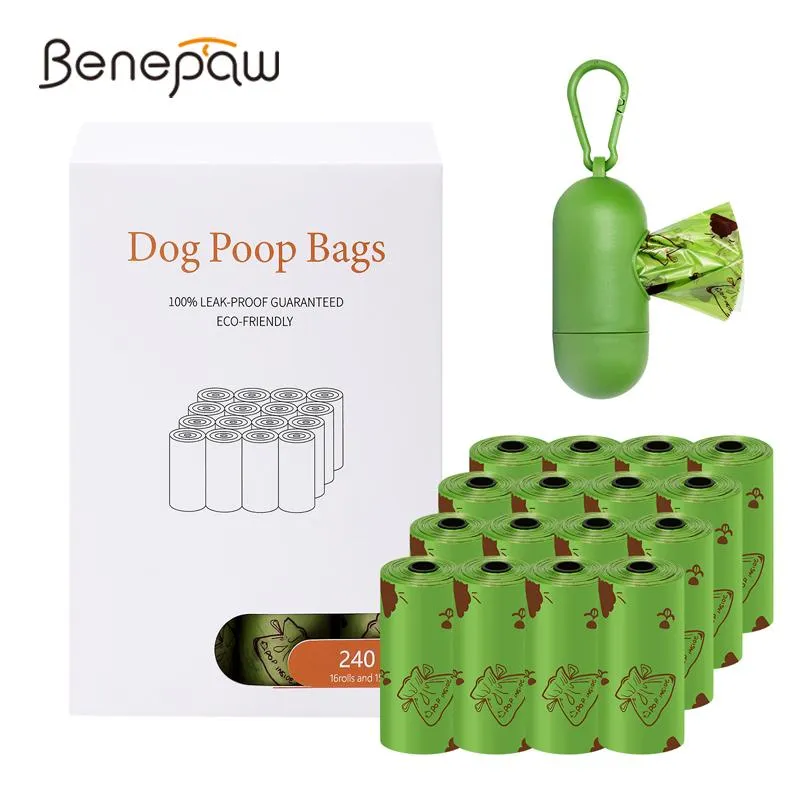 Sacs Benepaw Sacs à crottes biodégradables pour chiens, anti-odeurs, étanches, solides, sacs à déchets pour animaux de compagnie, 90/180/240 points, 1 distributeur gratuit, facile à déchirer