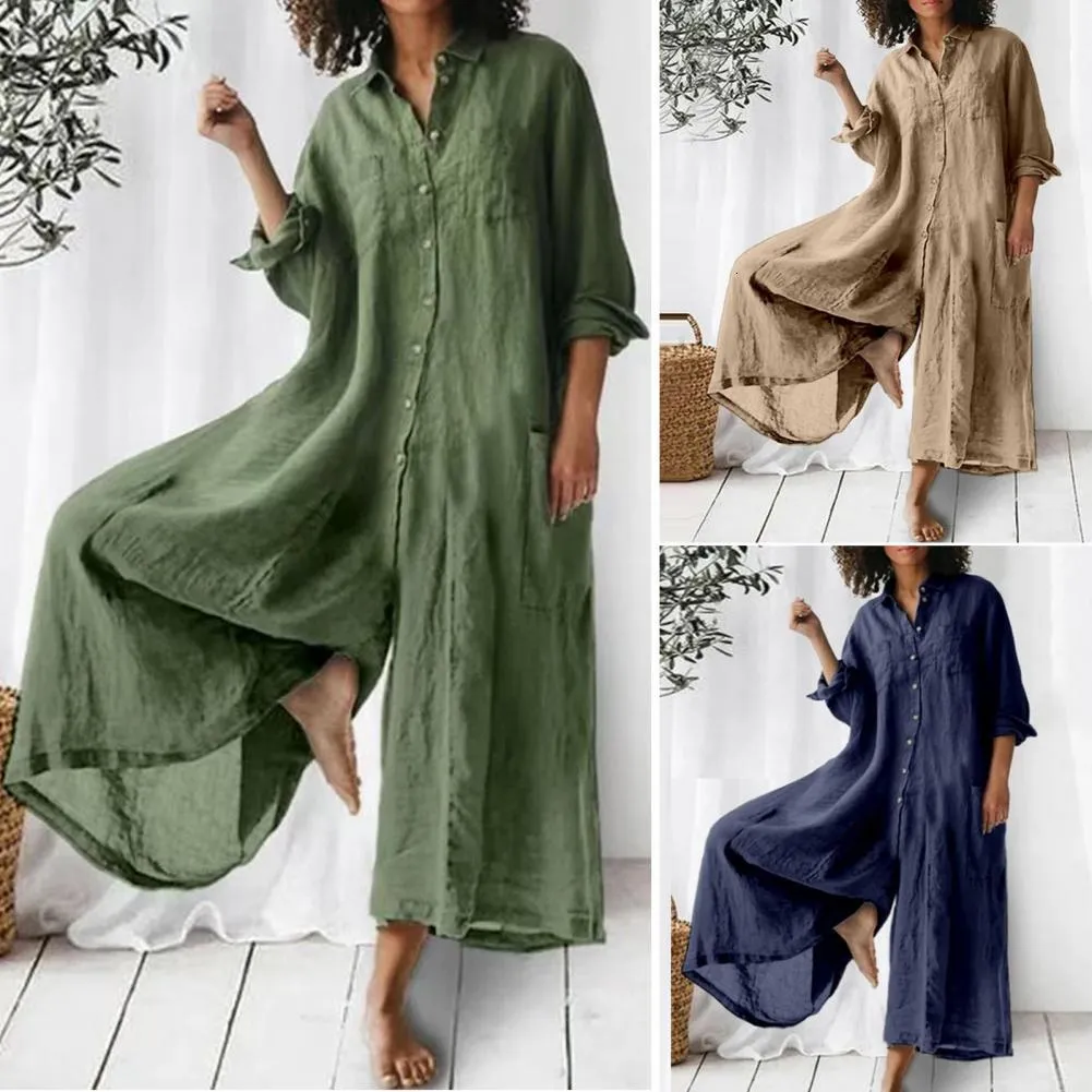 Vrouwen Jumpsuits Rompertjes Zomer Vrouwen Jumpsuit Casual Losse Lange Mouwen Oversized Effen Midi Jumpsuit Katoen Linnen Jurken voor Vrouwen Vestidos De Mujer 230608