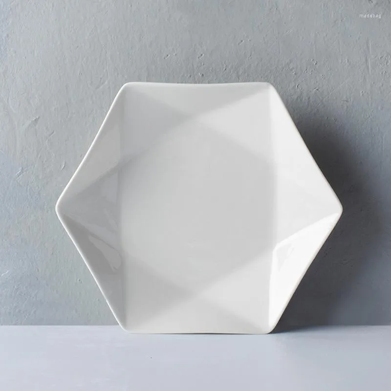 Assiettes Créatives Hexagonales Ménage Céramique De Style Occidental Solide Couleur Et Blanc Glaçure Plats Vaisselle