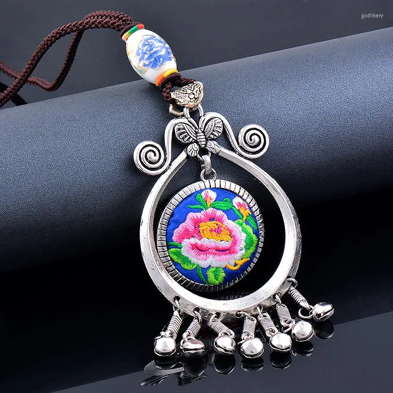 Pendant Necklaces SINLEERY Vintage Embroidery Flower Silver Color Accessories Necklace For Women Round Bell Pendants Fashion Jewelry MY058