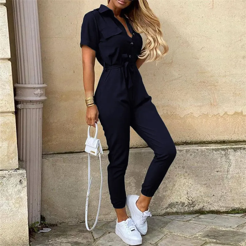 Kvinnor Jumpsuits Rompers Lose Ladies Black Casual Jumpsuit Kort ärm LAPEL Summer LACE UP BELTERS ARBETSKRAV STREETEWEAR 230609