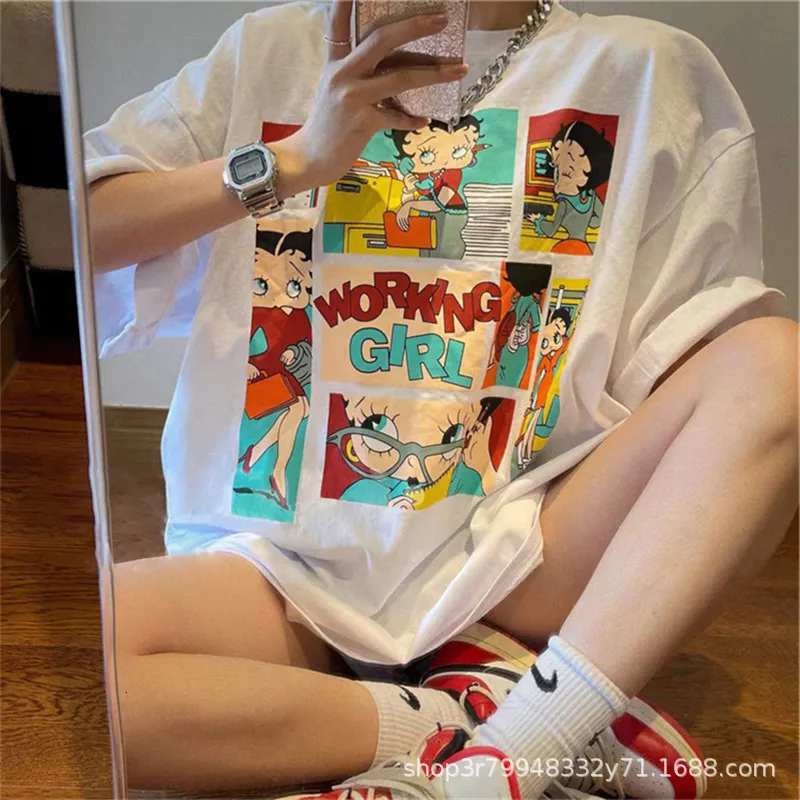 Camiseta Feminina de Manga Curta Camiseta Feminina Summer Design Sense Estampa Desenho Animado Solta Sweet Cool Girl Ombro Meia Manga Top 230609