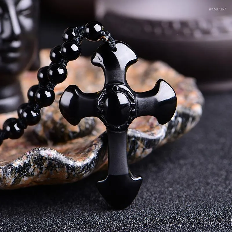 Pendant Necklaces Natural Frosted Obsidian Cross Manual Rope Women Men Necklace Fashion Jewelry For Gift Dropship
