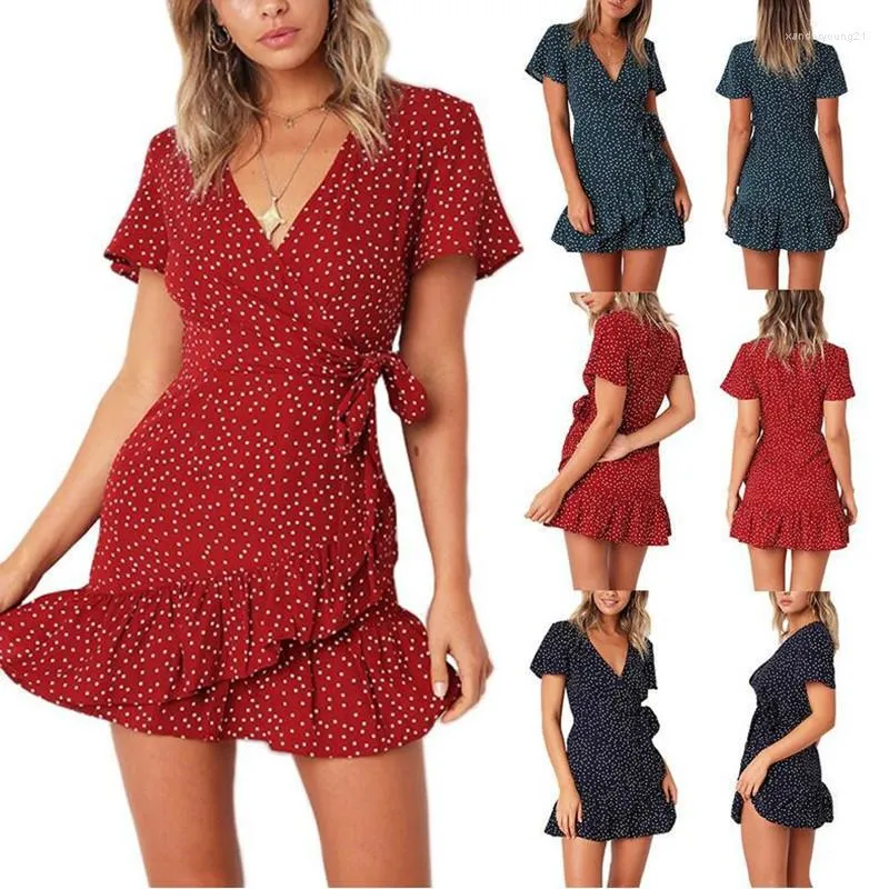 Partykleider Damen 2023 Sommer Boho Dots Kleider Strand Weibliche Elegante Rüschen Kleid Damen Mini Kurz Plus Size Wear