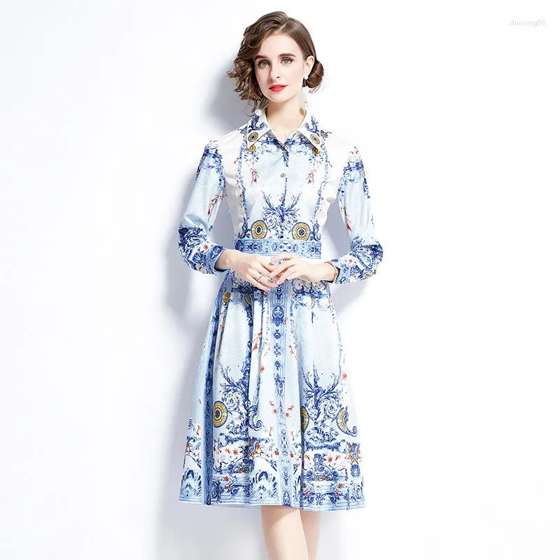 Повседневные платья Banulin Women Floral Print Элегантное платье рубашки 2023 Весеннее высококачественное модельер -дизайнер Midi Vestidos N68772