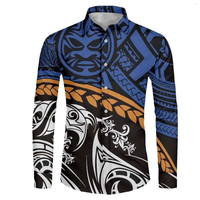 Men's Casual Shirts Polynesian Tribal Fijian Totem Tattoo Fiji Prints Long Sleeve Shirt Men Clothing Simple Slim Fit Chemise Homme Formal