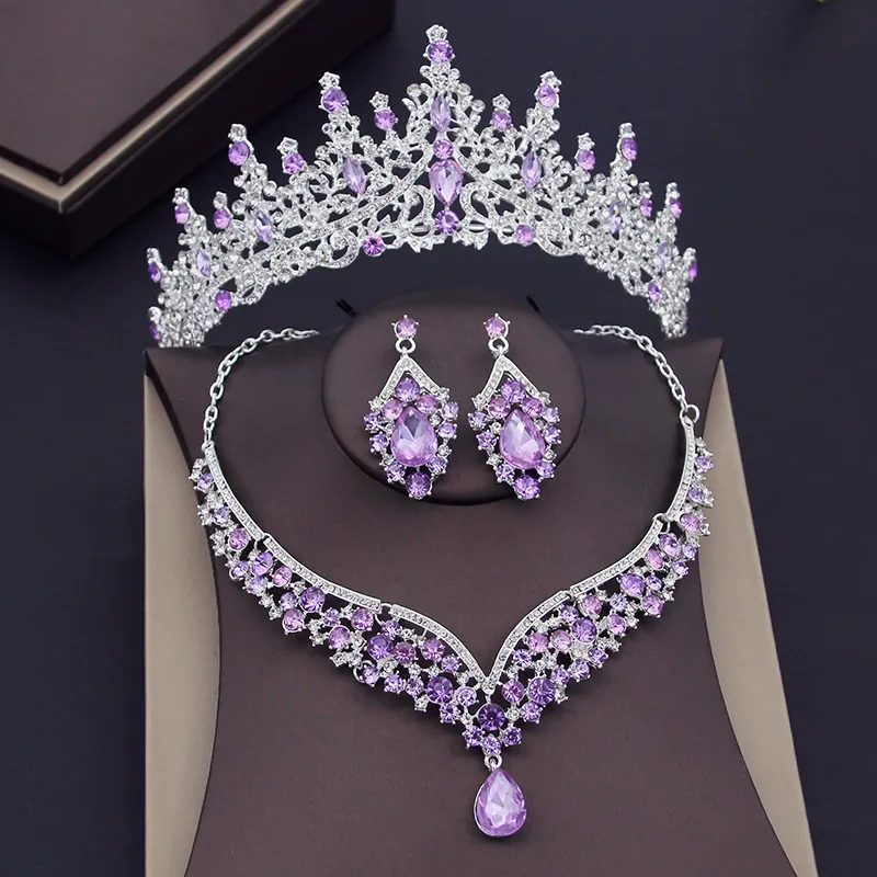 Düğün Mücevher Seti Lüks Mor Kristal Gelin Kadınlar için Taç Küpe Kolye Tiaras Gelin Dubai 230609