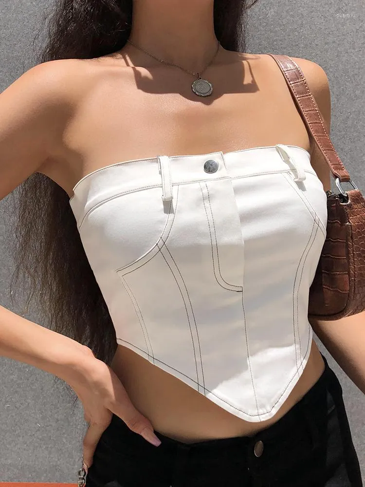 Women's Tanks White Sexy Tube Top Patchwork Button Corset Y2k Vintage Zipper Crop Female Fashion Clubwear Streetwear 2023