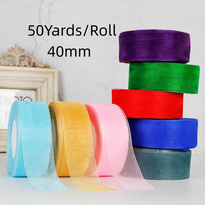 40mm presentomslag Silk Satinband 50 meter/Roll Present Wrap Snow Gaze Tape Diy Handgjorda hantverk Bow Cake Package Birthday Wedding Decorative Ribbon