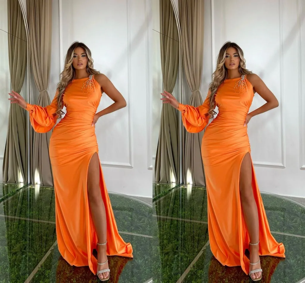 Orange Elegant Mermaid Evening Dresses for Women Plus Size One Shoulder Beaeds Pleats Long Sleeves Formal Occasions Prom Party Celebrity Birthday Pageant Gowns