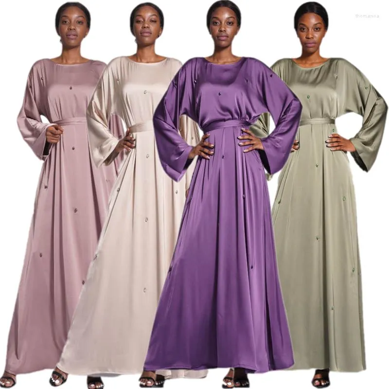 Ropa étnica Túnica suelta africana Islam Árabe Ropa sólida Kaftan Eid Mujeres musulmanas Satén Maxi Vestido Abaya Dubai Turquía Femme Musulman