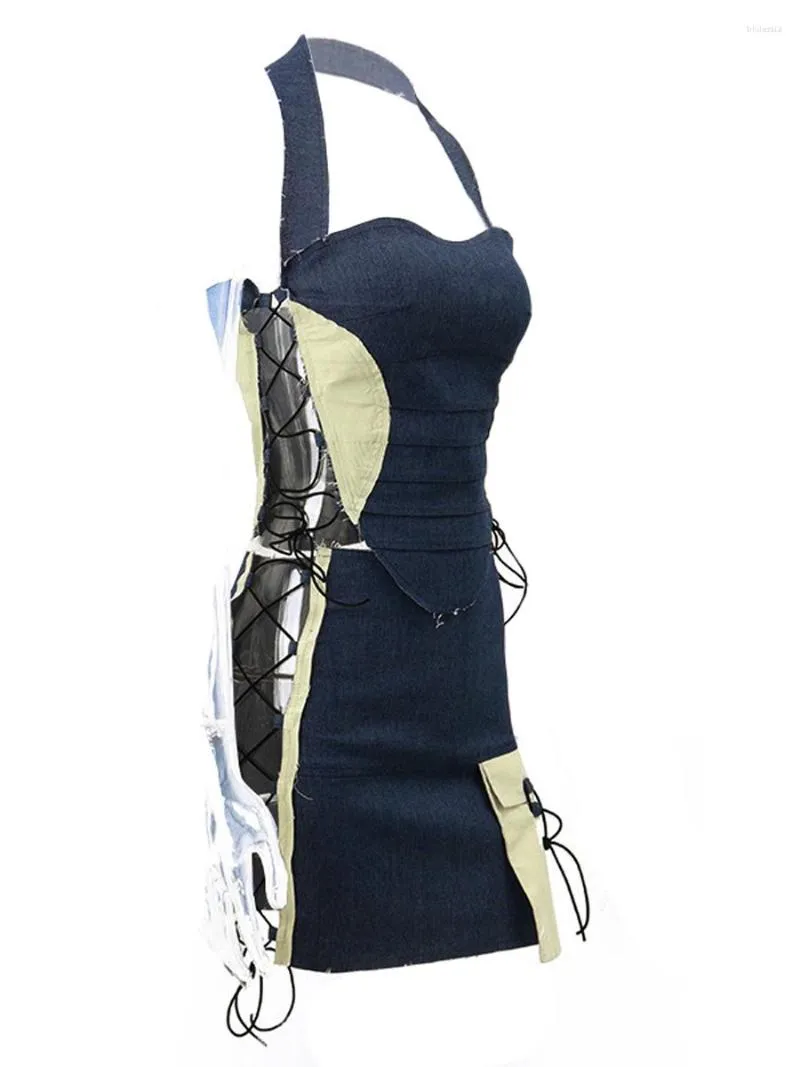 Dwuczęściowa sukienka Summer 2 dżinsy strój bez rękawów szyja koronkowa w górę zbiornik zbiornikowy mini spódnica bodycon