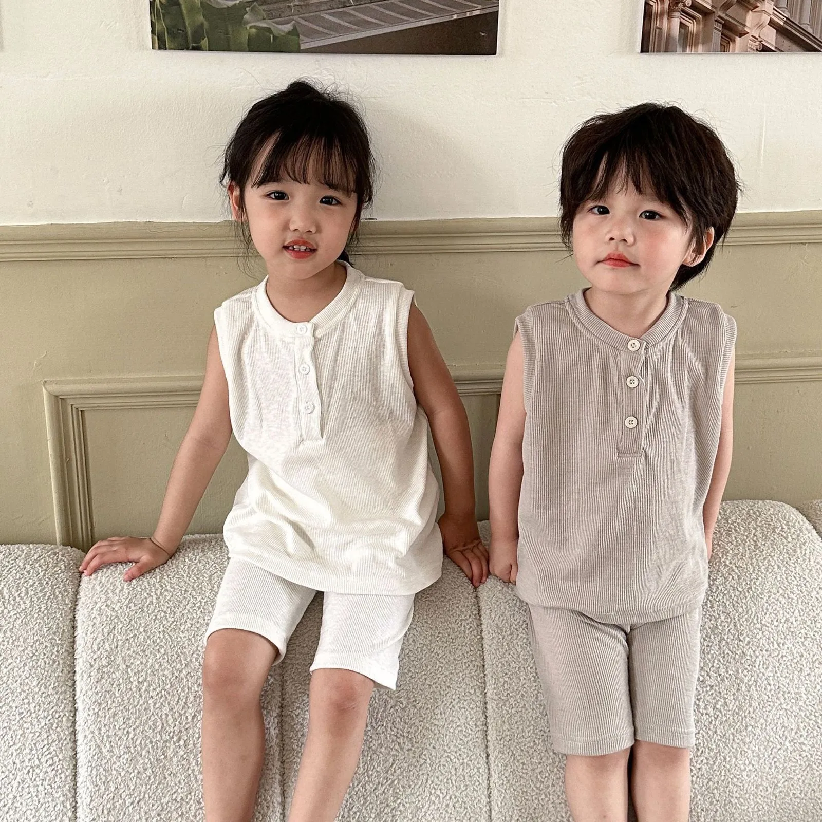 Kleding Sets Kinderen Baby Stretch Effen Pullover Vest Mouwloos T-shirt Kinderen Dunne Ademende Tops Eenvoudige Shorts Jongens Homewear Set 230608