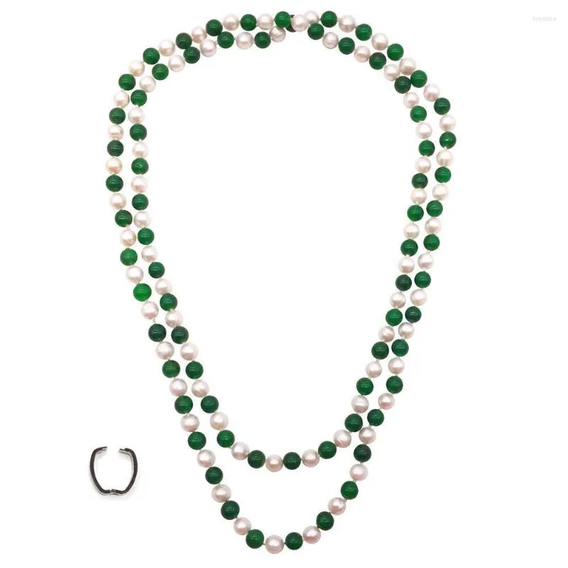 Chaînes nouées à la main mixte 120 cm Long collier d'eau douce 7-8 mm perles de culture blanches chaîne de chandail de jade vert