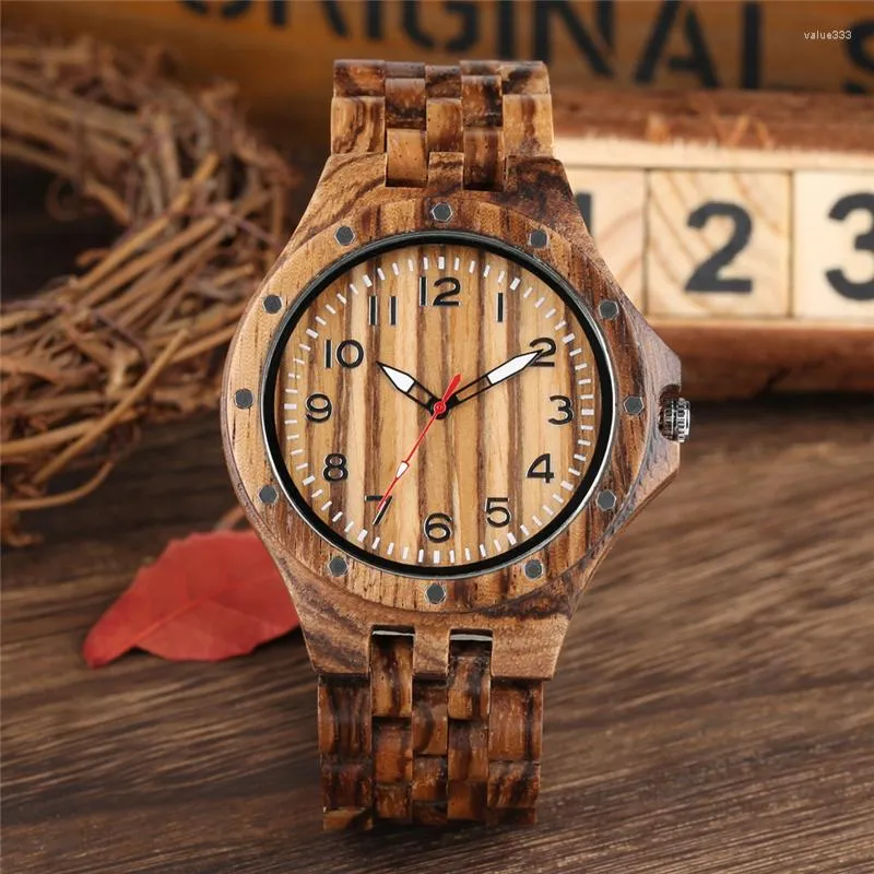 Wristwatches Handmade Bamboo Luminous Pointers Man Watches Quartz Analog Clock Arabic Numeral Dial Wristwatch Delicate Full Wood Bangle Gift