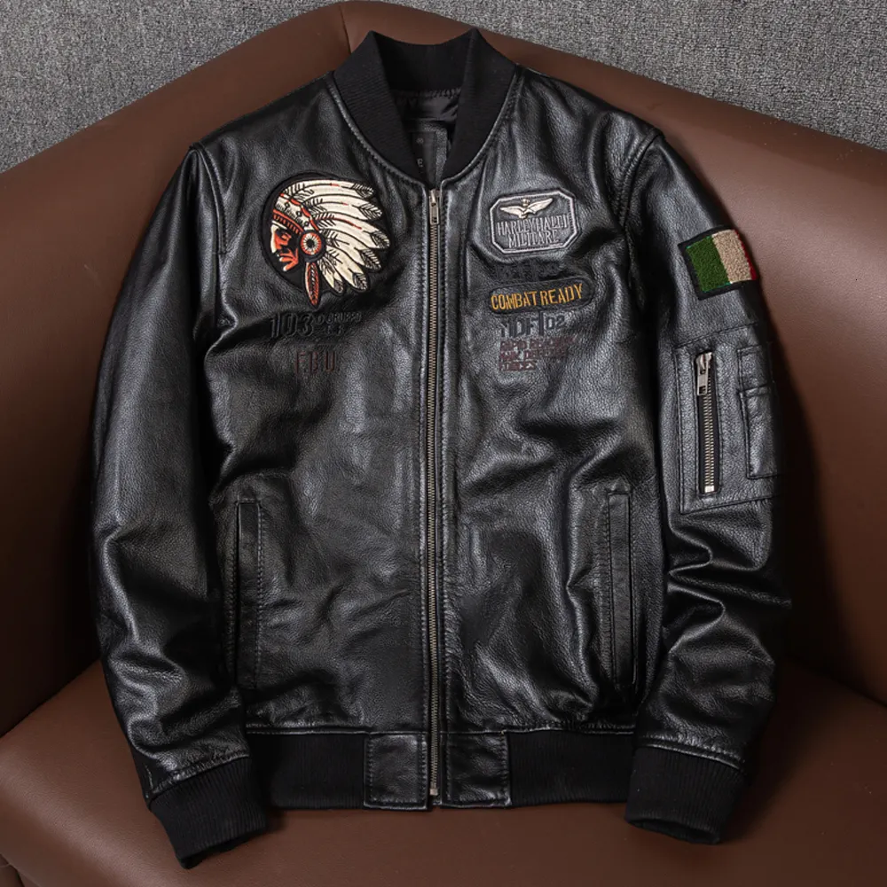 Men's Leather Faux Jackets Genuine Pilot Baseball Force Military Indian Air Flight Jacket Embroidery Free Bomber Coat 230608