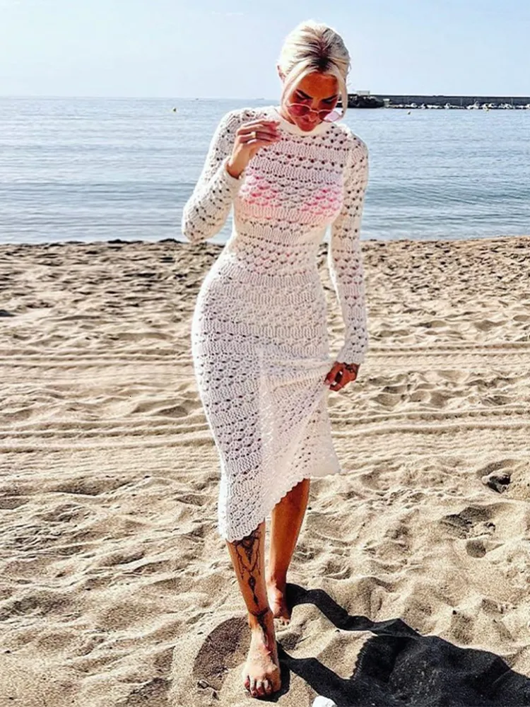 Women's Casual Knitted Dress - Long Sleeve Lace Up Backless Beach Holiday  Robe