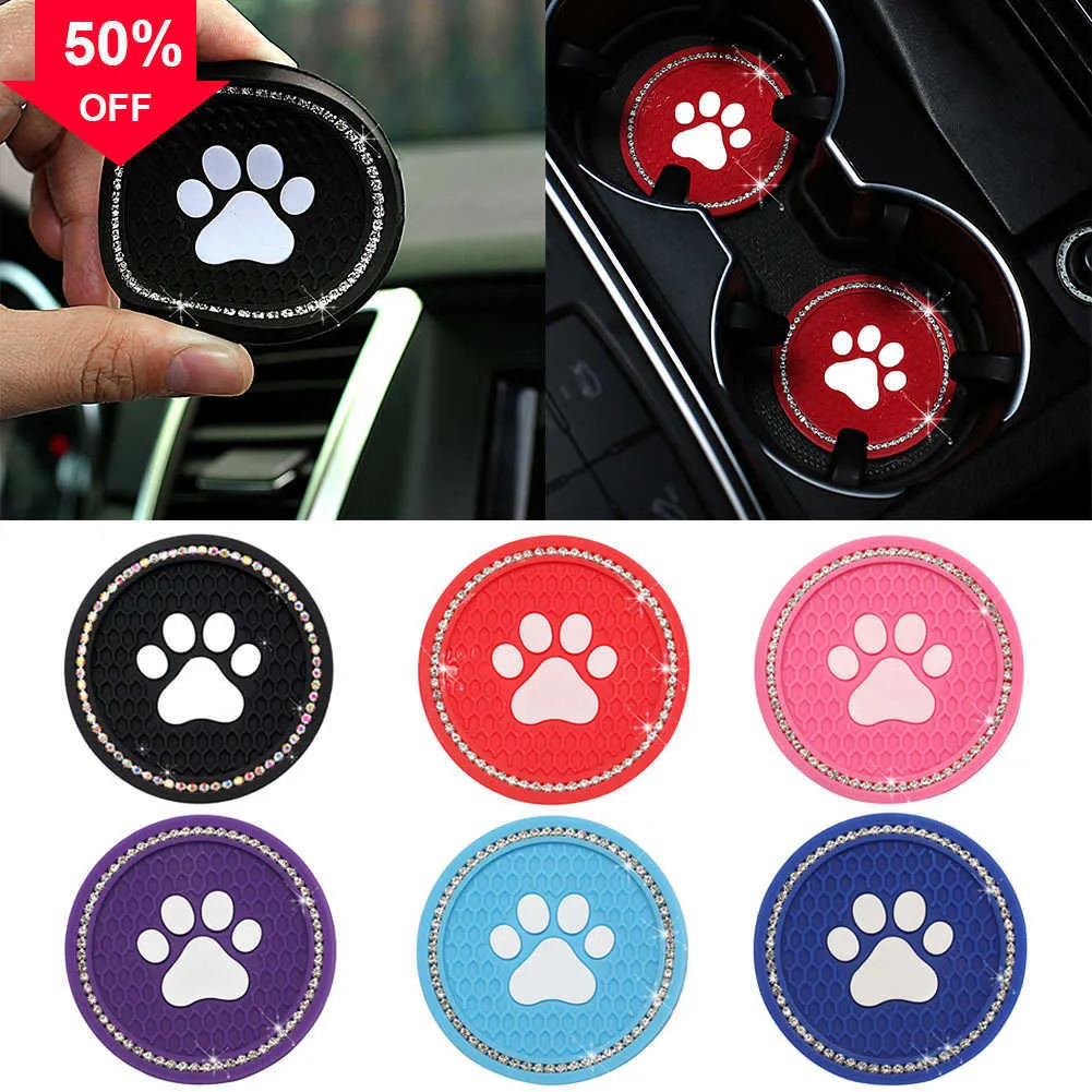 New 2PCS Dog Paw Shape Car Diamond Coaster Water Cup Slot Non-Slip Mat Silica Pad Cup Holder Mat Auto Interior Decor Accessories