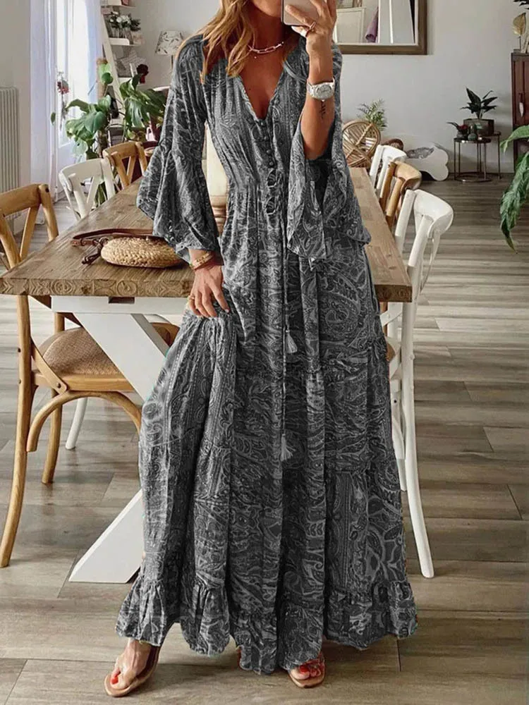 Vestidos Casuales Básicos Mujeres Vintage Bohemio Maxi Vestidos Verano  Casual Con Cuello En V Manga Acampanada Vestido Mujer Playa Estampado  Floral Big Swing Vestido Largo 230608 De 10,87 €