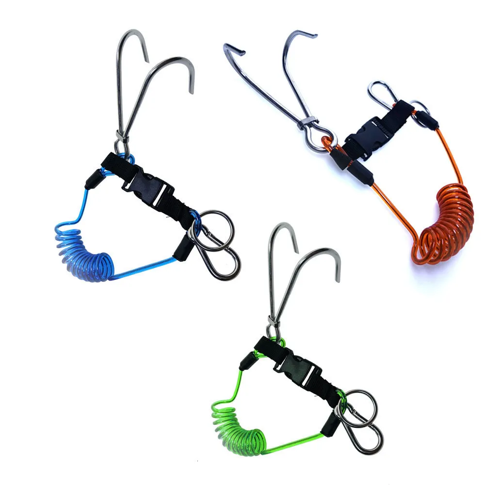 Pool Accessories 316SS Reef Drift Hook Spring Anti-Lost Rope Double End Diving Hook with Spiral Coil Lanyard Scuba Current Reef Hook 230608