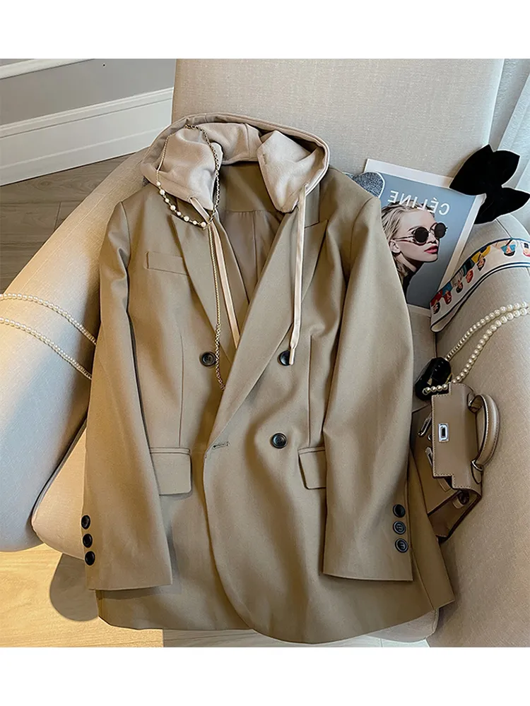Women's Suits Blazer Khaki Double Breasted Patchwork Hooded Blazer Fake Two Long Sleeve Loose Lace up Jacket Autumn Winter Female 230609