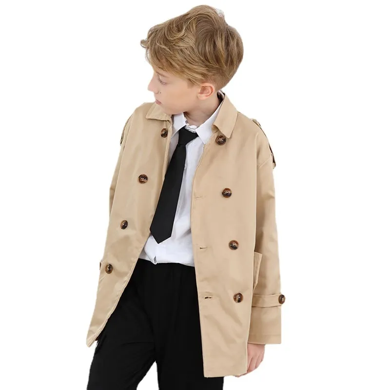 Tench Coats 큰 소년 카키 피코트 어린이 트렌치 코트 더블 가슴 버튼 재킷 어린이 스프링 낙하 재킷 아웃복 코트 230608