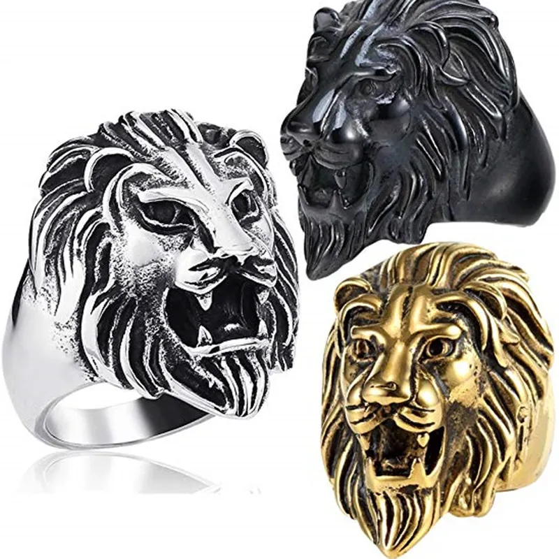 Vintage Large Lion Head Ring Leo Men's Finger ring Retro Gold Silver Black Punk Style Lion Ring Hip Hop Jewelry Full Size Wholesale