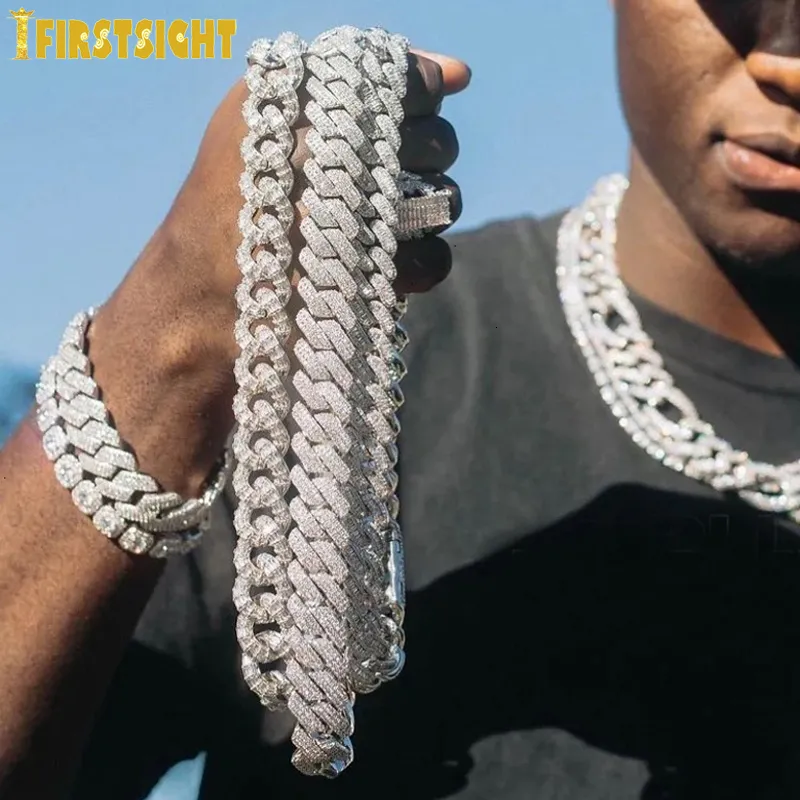Kolye Kolyeleri 19mm Miami Küba Zinciri Ağır Kolye 3 CZ Altın Gümüş Renk Buzlu Kübik Zirkonya Erkek Hip Hop Takı 230608