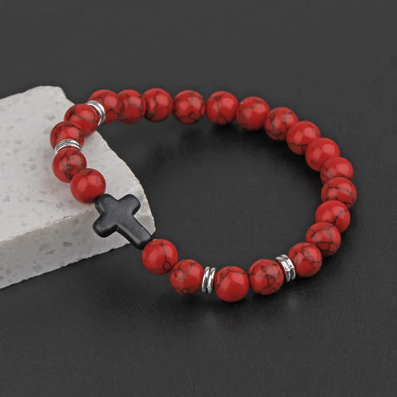 8mm Natural Stone Handmade Beaded Cross Strands Charm Bracelets Party Elastic Jewelry For Men Women Lover