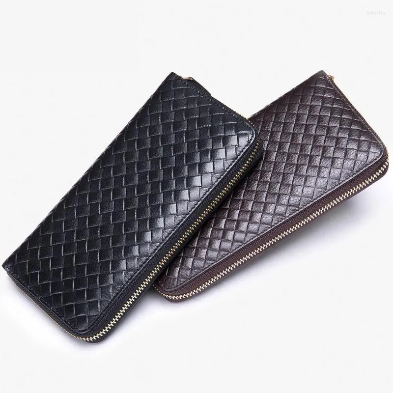 Wallets Men's Knitting Genuine Leather Long Wallet High Quality Luxury Weaven Pattern Natural Purse For Man Designer 2023
