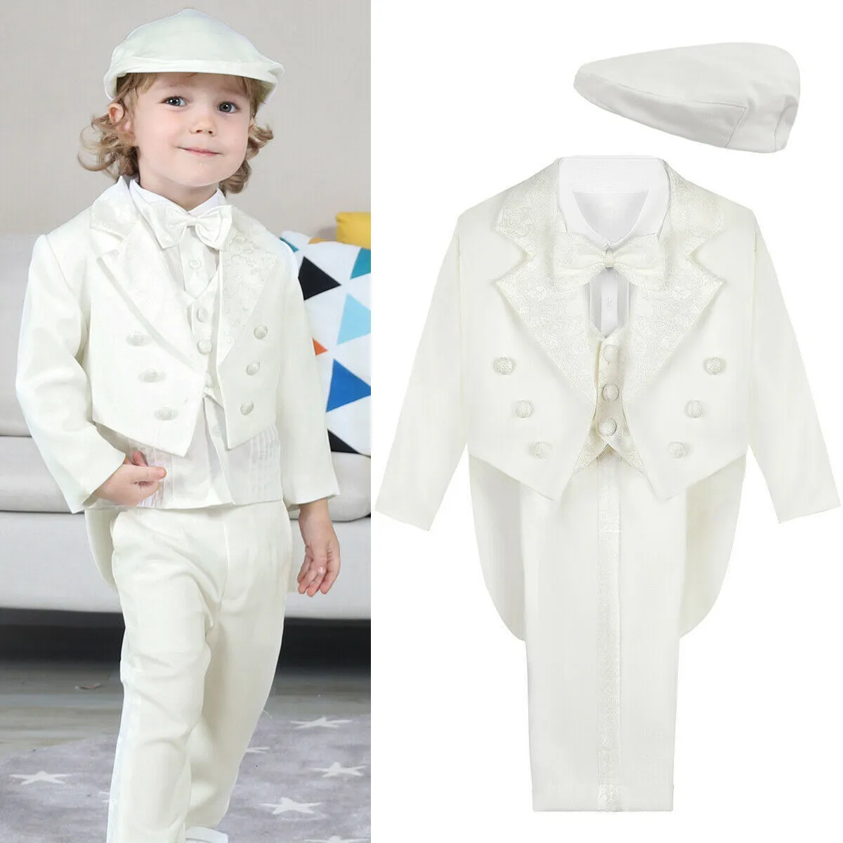 Kostuums Baby Jongen Dooppak Doop Outfits Baby Klassieke Tuxedo Peuter Bruiloft Formele Feestkleding Wit Lange mouw 6 STUKS 230608