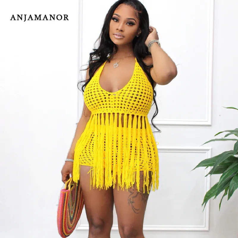 Женские брюки с двумя частями Anjamanor Crochet Top Top и Shorts 2 Set S Sexy Beach Summer Vacation Suptbits, соответствующие оптовым D29 DG30 230609