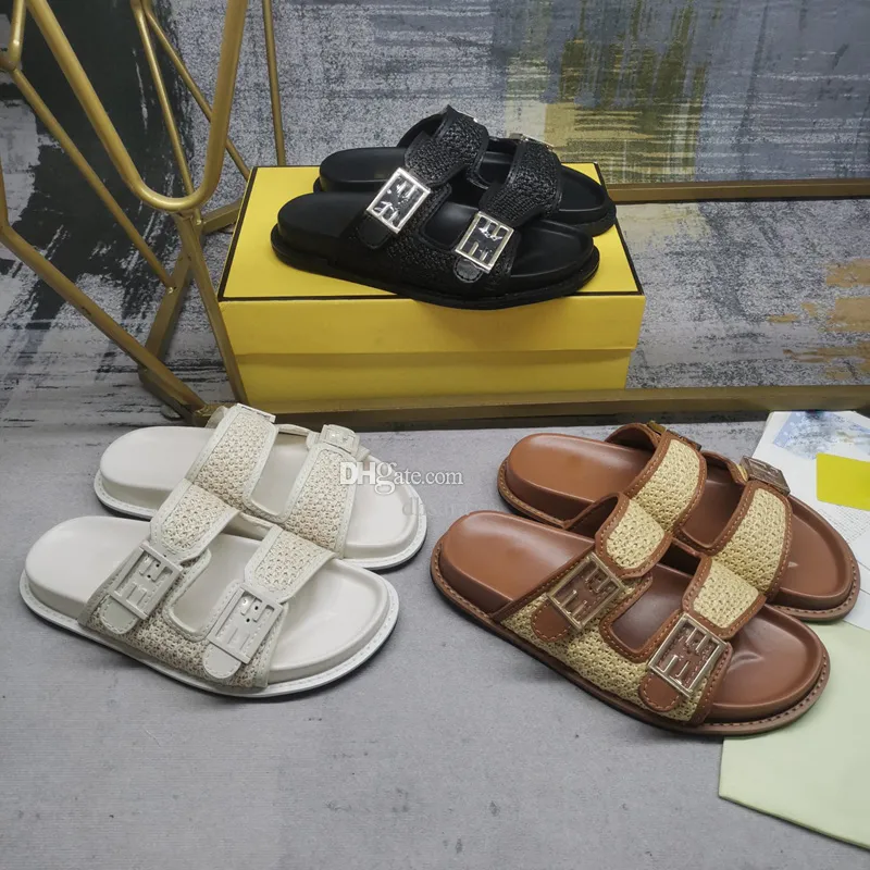 Designer Slid Sliders Menskvinnor Cool Enkelt stilfulla bilder 2 remmar med justerade guldspännen Kvinnor Summer Slippers 35-45