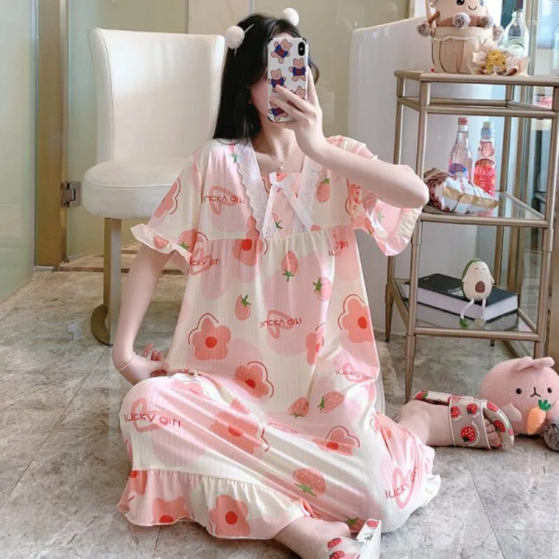 Women's Sleepwear Spring And Summer Milk Silk Pajama Dress Female Lace Sweet Short Sleeve Loose Thin Fat Enlarged Long Home Clothes