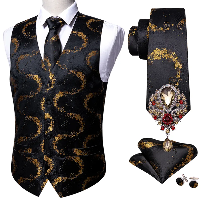 Ternos Masculinos Blazers Preto 5PÇS Designer Terno Casamento Colete Dourado Floral Jacquard Folral Seda Colete Gravata Conjunto Broches Barry.Wang Noivo 230609