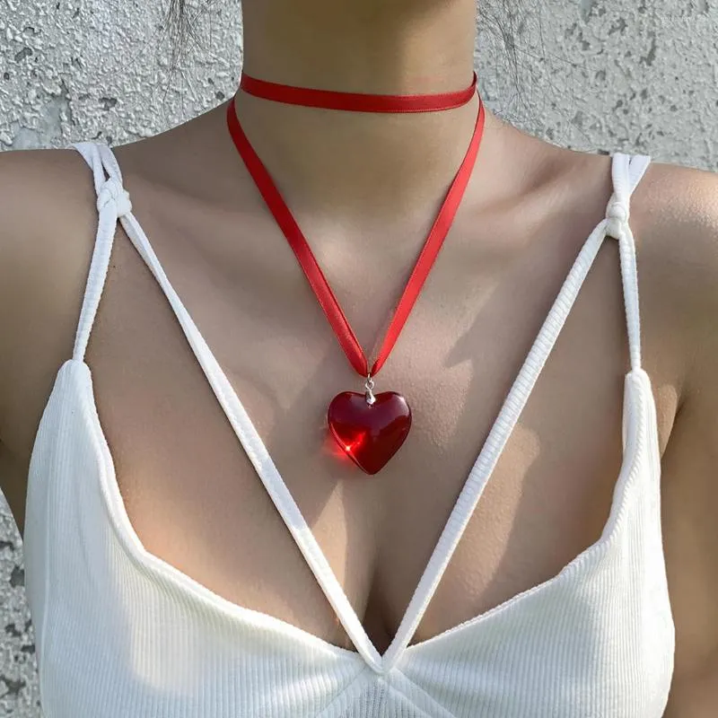 펜던트 목걸이 SALIRCON 고딕 반짝이는 심장 목걸이 여성용 부드러운 리본 로프 패션 조절 가능한 Coaplay Party Jewelry