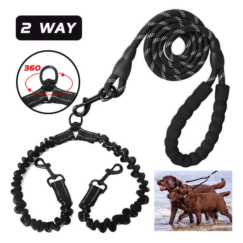 Colliers pour chiens Laisses No Tangle Dual Leash Strong 2 Way COUPLER Corde pour animaux de compagnie Élastique étendu réfléchissant pour Double Twin Small Medium Dogs Article Z0609