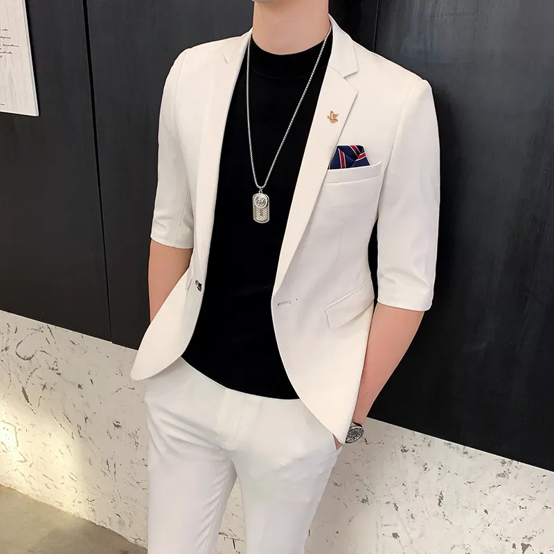 Trajes de hombre Blazers Jackt Pant 2023 Hombres Media manga Primavera Verano Slim British Short Blazer Coat Trend Male Designer Tuxedo 2 piezas Set 230609