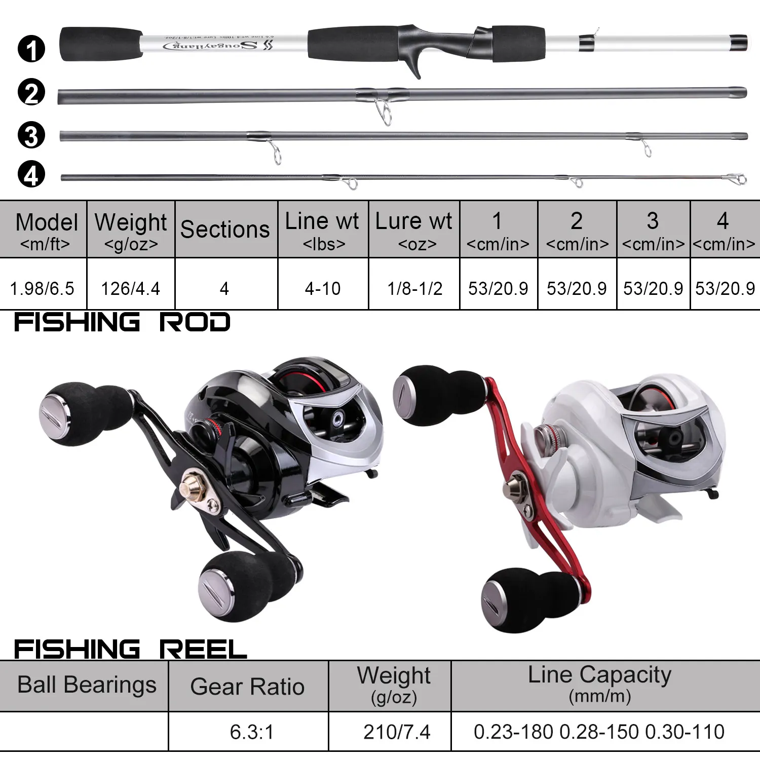 Sougayilang 4 Sections 1.98M Telescopic Baitcasting Rod Combo For