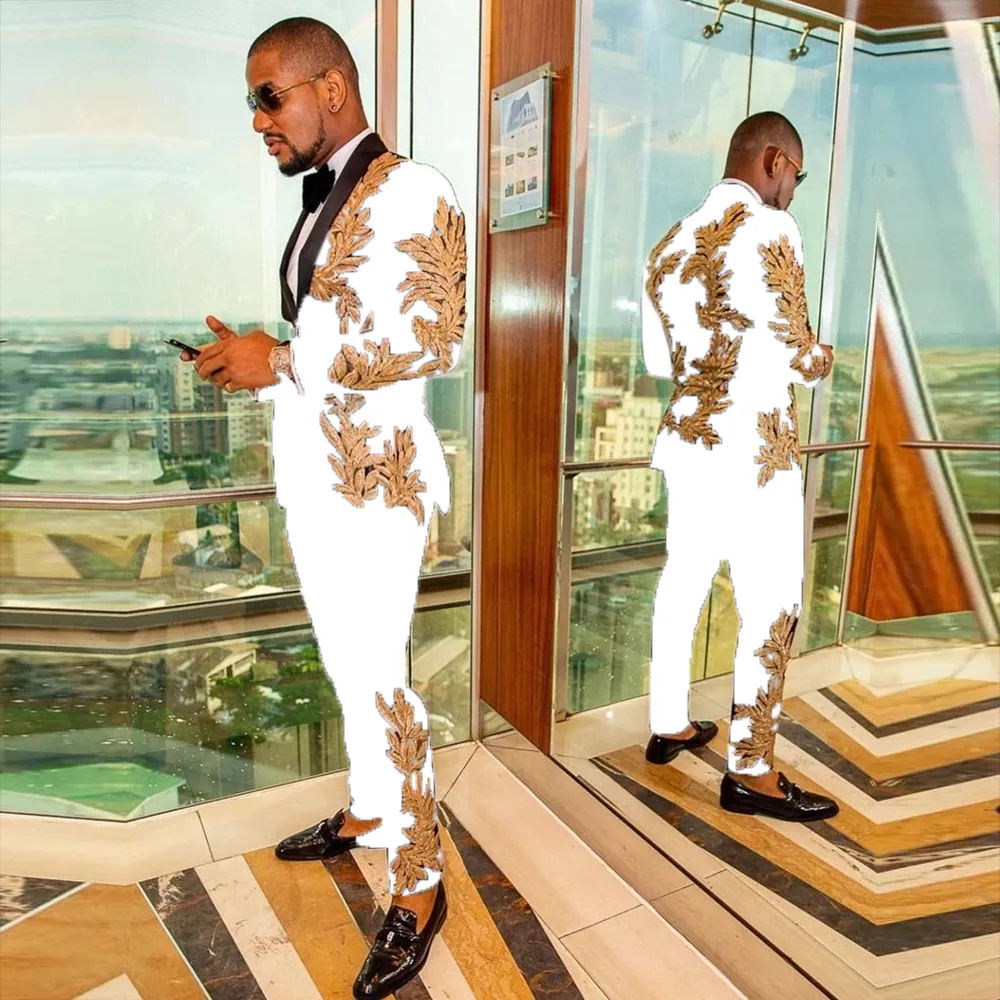 Męskie garnitury Blazers złote aplikacje białe formalne mężczyźni na ślub czarny ed lapa z spodniami Slim Fit Fragment Zestaw Opieku Tuxedos 230609 Uxxg
