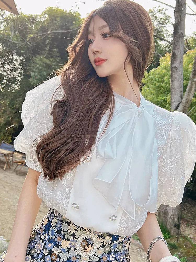 Women's Blouses Dabuwawa Lace Blouse Double Breasted Puff Sleeve Bow Shirt  Back To Shool Vintage Summer Top Women DM1BLA003